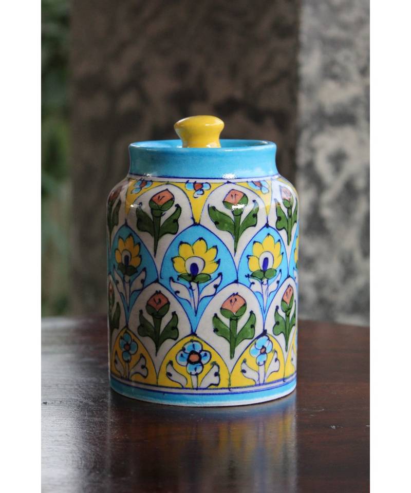Blue Pottery Rose Floral Sugar Jar