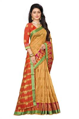 Beige woven cotton silk saree with blouse 2