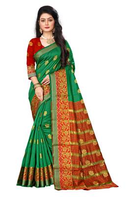 Green woven cotton silk saree with blouse 1