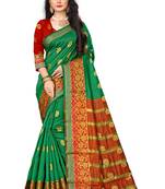 Green woven cotton silk saree with blouse