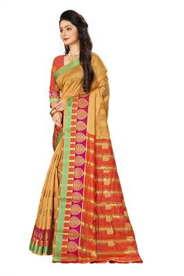 Beige woven cotton silk saree with blouse 3