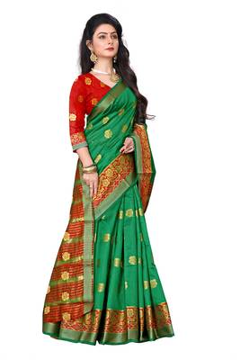 Green woven cotton silk saree with blouse 2