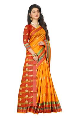 Orange woven cotton silk saree with blouse 2