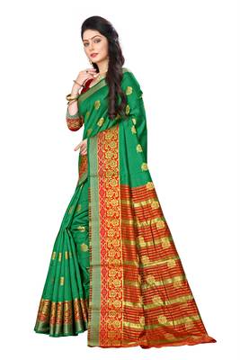 Green woven cotton silk saree with blouse 3