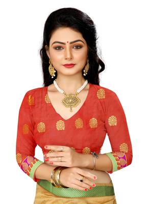 Beige woven cotton silk saree with blouse 5