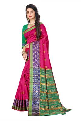 Pink woven cotton silk saree with blouse 3