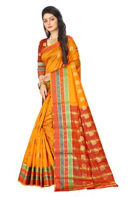 Orange woven cotton silk saree with blouse 3