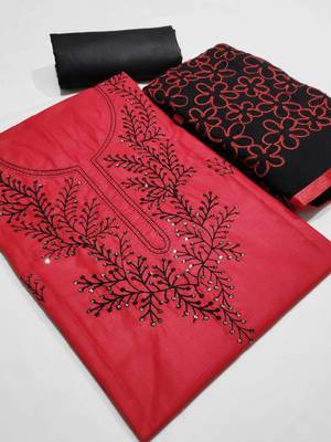 red embroidered cotton unstitched salwar with dupatta 1
