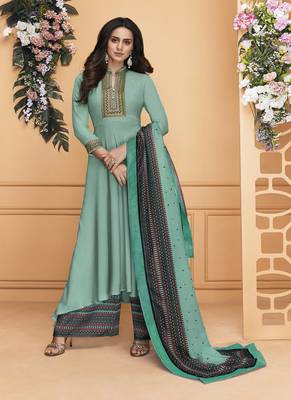 Turquoise embroidered silk salwar 1