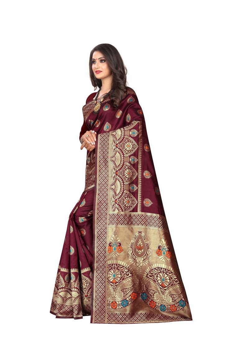 Maroon woven art silk saree with blouse