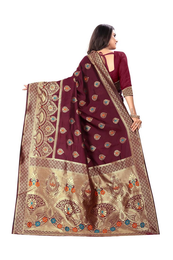 Maroon woven art silk saree with blouse