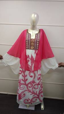White and peach Zari Work Chiffon Polyester Islamic Party Wear Festive Kaftan 1
