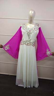 White Zari Work Chiffon Polyester Islamic Party Wear Festive Kaftan 1