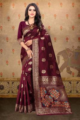 Maroon woven art silk saree with blouse 1