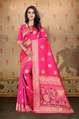 Rani pink woven art silk saree with blouse 1