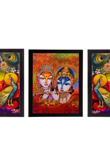 Set of 3 Radha Krishna & Peocock Matt Textured UV Art Painting