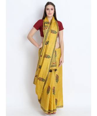 Mustard Yellow Hand Block Printed Tussar Silk Saree  With Traditional Design & Golden Tessels On Pallu 1