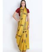 Mustard Yellow Hand Block Printed Tussar Silk Saree  With Traditional Design & Golden Tessels On Pallu