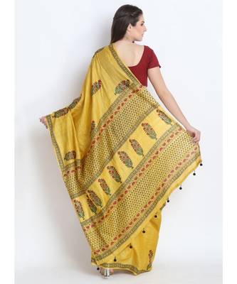 Mustard Yellow Hand Block Printed Tussar Silk Saree  With Traditional Design & Golden Tessels On Pallu 2