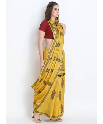 Mustard Yellow Hand Block Printed Tussar Silk Saree  With Traditional Design & Golden Tessels On Pallu 3