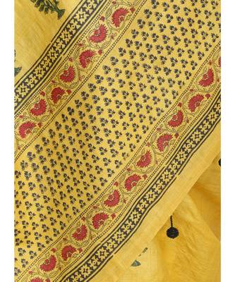 Mustard Yellow Hand Block Printed Tussar Silk Saree  With Traditional Design & Golden Tessels On Pallu 4