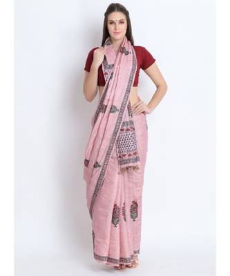 Pink Hand Block Printed Tussar Silk Saree  With Traditional Design & Golden Tessels On Pallu 1