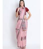Pink Hand Block Printed Tussar Silk Saree  With Traditional Design & Golden Tessels On Pallu