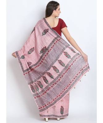 Pink Hand Block Printed Tussar Silk Saree  With Traditional Design & Golden Tessels On Pallu 2