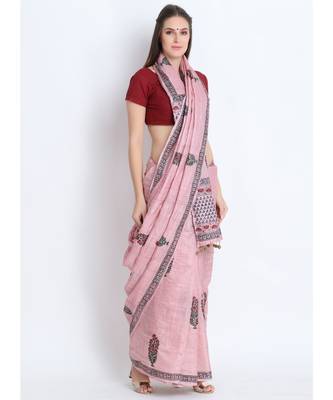 Pink Hand Block Printed Tussar Silk Saree  With Traditional Design & Golden Tessels On Pallu 3