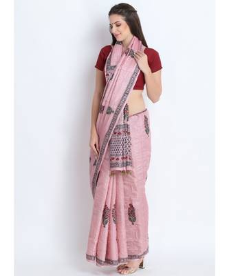 Pink Hand Block Printed Tussar Silk Saree  With Traditional Design & Golden Tessels On Pallu 4