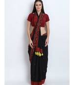 Black Cotton Malmal Saree With Hand Embroidered Mirror & Multiple Design Ajrakh Border & Fancy Tessels on Pallu