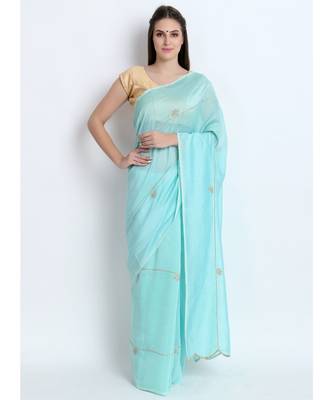 Pastel Sea Green Silk Chanderi Saree With Hand Embroidery 1