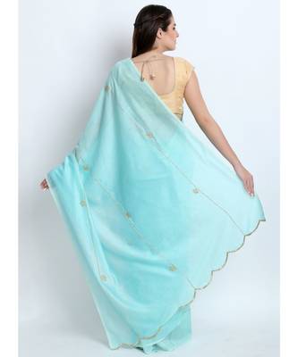 Pastel Sea Green Silk Chanderi Saree With Hand Embroidery 2