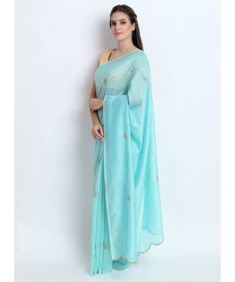 Pastel Sea Green Silk Chanderi Saree With Hand Embroidery 3