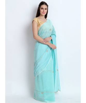 Pastel Sea Green Silk Chanderi Saree With Hand Embroidery 4