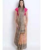 Beige Hand Block Printed Tussar Silk Saree  With Contemporary Design & Golden Tessels On Pallu