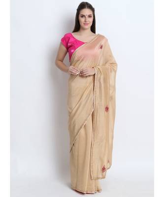 Beige Silk Chanderi Saree With Hand Embroidery 1