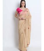 Beige Silk Chanderi Saree With Hand Embroidery