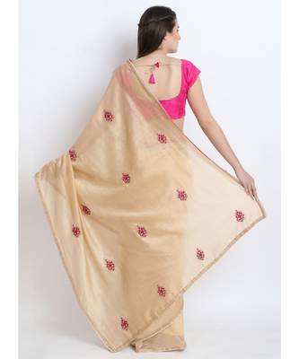 Beige Silk Chanderi Saree With Hand Embroidery 2