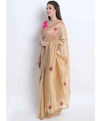 Beige Silk Chanderi Saree With Hand Embroidery 3
