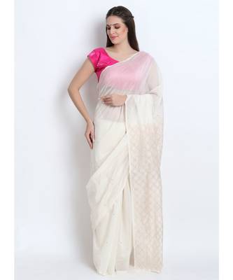 Off White Silk Chanderi Saree With Hand Embroidery 1
