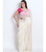Off White Silk Chanderi Saree With Hand Embroidery