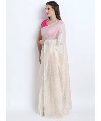 Off White Silk Chanderi Saree With Hand Embroidery 3