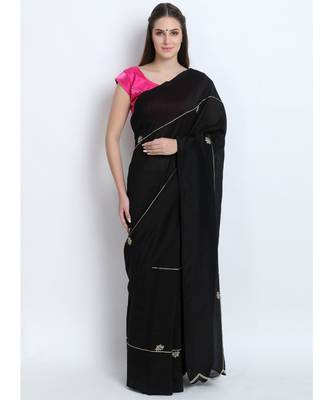 Black Silk Chanderi Saree With Hand Embroidery 1