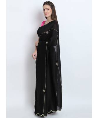 Black Silk Chanderi Saree With Hand Embroidery 3