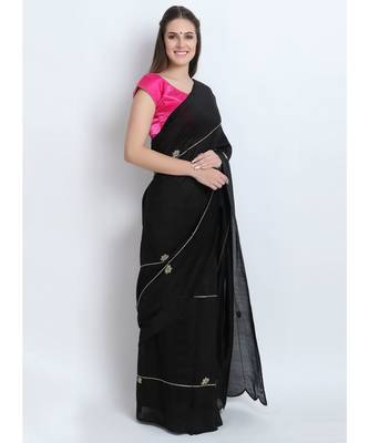 Black Silk Chanderi Saree With Hand Embroidery 4