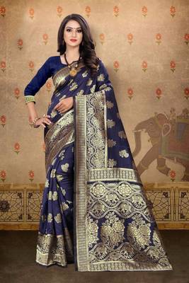 Navy blue woven art silk saree with blouse 1