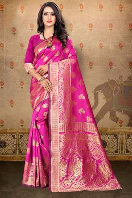 Rani pink woven art silk saree with blouse 1