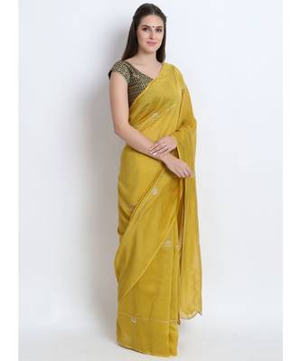 Mustard Green Silk Chanderi Saree With Hand Embroidery 1