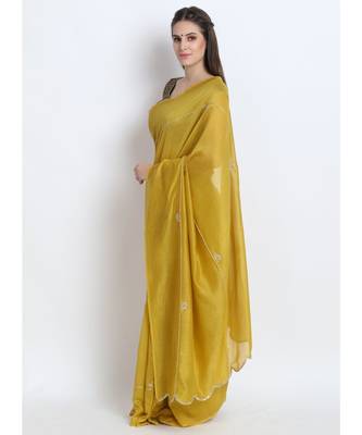 Mustard Green Silk Chanderi Saree With Hand Embroidery 2